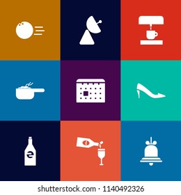 Modern, simple vector icon set on colorful flat backgrounds with fun, bell, red, time, wine, notification, hobby, alcohol, white, pot, coffee, drink, beverage, alarm, machine, leisure, bowling icons