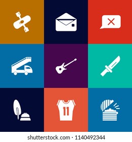 Modern, simple vector icon set on colorful flat backgrounds with cutlery, message, mail, guitar, black, river, white, sport, canoe, letter, restaurant, calligraphy, sign, internet, knife, lake icons