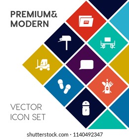 Modern, simple vector icon set on colorful flat background with message, footwear, sign, box, correspondence, speech, bubble, delivery, paper, business, food, drink, wine, file, glass, pepper icons