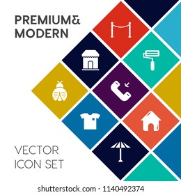 Modern, simple vector icon set on colorful flat background with white, roll, real, insect, building, dragonfly, roller, wooden, wagasa, textile, estate, tool, fence, butterfly, lady, style, bug icons