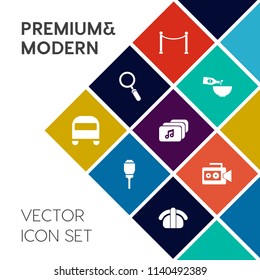 Modern, simple vector icon set on colorful flat background with lantern, japan, bus, salmon, wooden, sushi, film, wine, view, video, food, lamp, fence, city, file, street, gourmet, light, sign icons