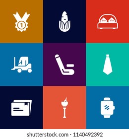Modern, simple vector icon set on colorful flat backgrounds with paper, truck, drink, championship, watch, competition, wine, screen, corn, diet, car, ice, cargo, medal, organic, tie, cricket icons