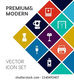 Modern, simple vector icon set on colorful flat background with old, chief, modern, alcohol, tool, brick, bucket, care, technology, indoors, office, well, mixer, architecture, wine, musical, red icons