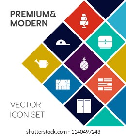 Modern, simple vector icon set on colorful flat background with pineapple, cake, headwear, object, clothing, bakery, newspaper, business, news, door, hat, plant, drawer, fresh, furniture, cookie icons