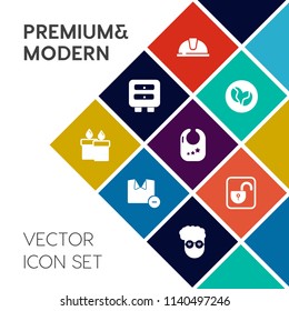 Modern, simple vector icon set on colorful flat background with candle, infant, wax, caffeine, decoration, coffee, industrial, style, hard, retro, sign, helmet, baby, bean, engineer, graphic icons