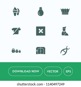 Modern, simple vector icon set on white background with medical, strawberry, fashion, crown, lamp, shirt, drill, royal, bulb, idea, waiter, lightbulb, jewelry, ice, clothes, power, food, cone icons