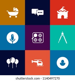 Modern, simple vector icon set on colorful flat backgrounds with birthday, talk, medieval, speech, human, infant, mother, kingdom, gas, baby, cook, transport, castle, microphone, business, child icons