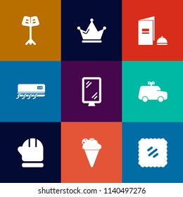 Modern, simple vector icon set on colorful flat backgrounds with winter, royal, dessert, princess, banner, child, crown, king, childhood, electric, car, ice, music, cold, post, warm, toy, stamp icons