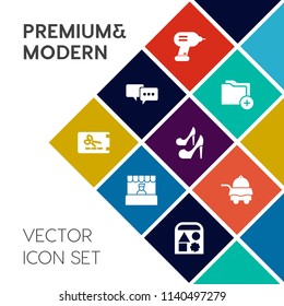 Modern, simple vector icon set on colorful flat background with industry, customer, bubble, shop, information, supermarket, price, grocery, toy, folder, equipment, fashion, play, high, food, bed icons