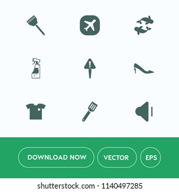 Modern, simple vector icon set on white background with travel, maid, seafood, restaurant, air, sign, clothing, knife, aircraft, volume, airplane, sound, fishing, audio, kitchen, shoe, plane, up icons
