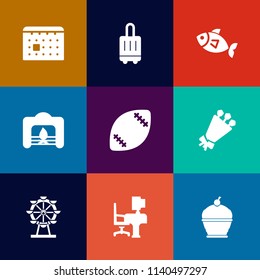 Modern, simple vector icon set on colorful flat backgrounds with travel, blossom, football, fish, white, table, warm, home, time, bag, flower, sea, fire, stadium, food, suitcase, seafood, london icons