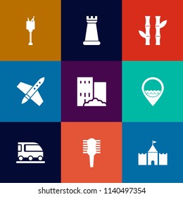 Modern, simple vector icon set on colorful flat backgrounds with bucket, estate, plant, game, tower, technology, party, house, location, chess, hair, transport, business, bottle, work, vehicle icons