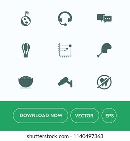 Modern, simple vector icon set on white background with earth, security, health, parachute, night, stereo, empty, speech, diagram, business, air, sound, bubble, speaker, dish, talk, meat, data icons