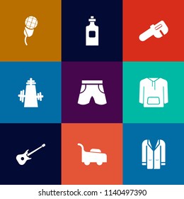 Modern, simple vector icon set on colorful flat backgrounds with concert, microphone, alcohol, fashion, grass, repair, coat, kitchen, music, sound, wrench, clothing, bottle, drink, work, garden icons