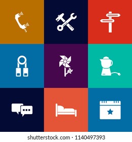 Modern, simple vector icon set on colorful flat backgrounds with hammer, sign, spanner, tool, hot, web, arrow, screwdriver, nature, direction, celebration, tea, banner, floral, phone, wrench icons