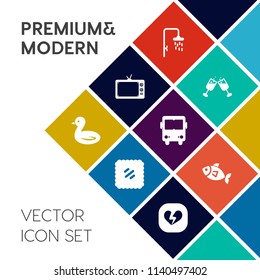 Modern, simple vector icon set on colorful flat background with bird, bath, bathroom, sky, food, postal, wildlife, bar, video, tv, nature, wineglass, technology, television, broken, love, sea icons