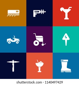 Modern, simple vector icon set on colorful flat backgrounds with weapon, bar, cooling, car, leather, power, glass, hammer, liquid, alcohol, automobile, wheelchair, cold, vehicle, electric, sign icons