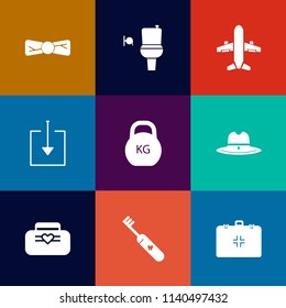 Modern, simple vector icon set on colorful flat backgrounds with bathroom, heavy, plane, washroom, kilogram, accessory, toilet, medical, air, cowboy, tie, bag, sign, suit, clean, texas, hat, wc icons