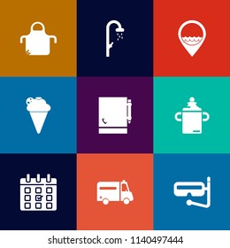 Modern, simple vector icon set on colorful flat backgrounds with apron, calendar, summer, milk, cook, food, bottle, shower, cream, job, ice, location, ambulance, mask, wet, kitchen, wash, work icons