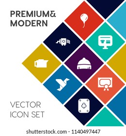 Modern, simple vector icon set on colorful flat background with meat, headwear, kitchen, balloon, poker, award, sale, bright, style, clothing, paper, creative, origami, birthday, fashion, white icons