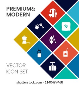 Modern, simple vector icon set on colorful flat background with drink, glass, postcard, activity, mobile, beverage, car, train, letter, teapot, hot, vintage, cable, liquid, post, weight, river icons