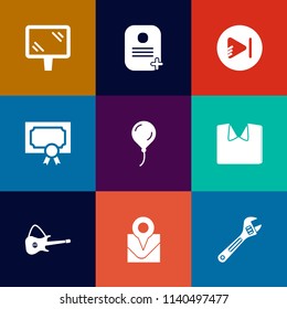 Modern, simple vector icon set on colorful flat backgrounds with white, clothing, guitar, fashion, business, tool, shirt, wrench, frame, button, travel, identity, traffic, street, template, road icons