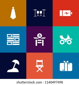 Modern, simple vector icon set on colorful flat backgrounds with drum, celebration, instrument, holiday, taiko, fashion, travel, beach, road, internet, power, palm, extreme, necktie, electricity icons