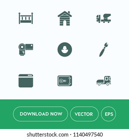 Modern, simple vector icon set on white background with construction, house, estate, avatar, nursery, money, building, vehicle, photo, delivery, brush, white, home, kid, mixer, browser, internet icons