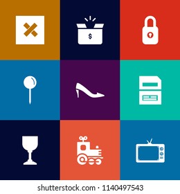 Modern, simple vector icon set on colorful flat backgrounds with travel, key, security, element, pack, transport, carton, location, protection, file, safety, tv, technology, drop, alcohol, train icons