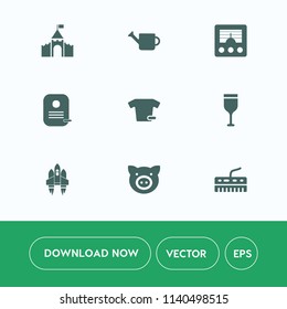 Modern, simple vector icon set on white background with fashion, rocket, tower, object, clothes, pork, wave, pig, music, wine, technology, medieval, tool, architecture, glass, signal, swine, red icons