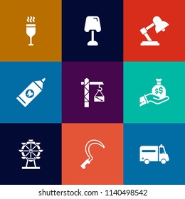 Modern, simple vector icon set on colorful flat backgrounds with home, park, sickle, decoration, wheel, wine, light, interior, restaurant, modern, hammer, construction, lamp, brush, tool, bottle icons
