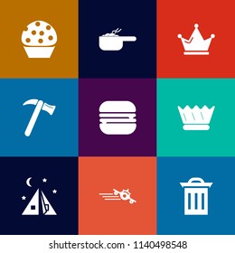 Modern, simple vector icon set on colorful flat backgrounds with cake, queen, plane, dinner, equipment, diet, outdoor, pot, healthy, wrench, garbage, sweet, royal, tool, snack, sandwich, cupcake icons