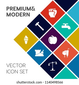 Modern, simple vector icon set on colorful flat background with wrench, computer, work, crane, business, equipment, water, hammer, judge, tool, summer, beach, dessert, tower, strawberry, law icons