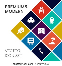 Modern, simple vector icon set on colorful flat background with asian, phone, music, location, drum, culture, furniture, map, ice, office, taiko, strawberry, communication, ufo, food, sign, palm icons
