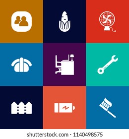 Modern, simple vector icon set on colorful flat backgrounds with full, people, fish, seafood, wrench, japan, office, electricity, corn, food, fan, salmon, clean, social, teamwork, healthy, fence icons