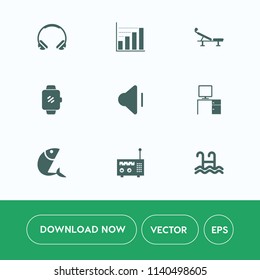 Modern, simple vector icon set on white background with device, smart, gadget, pool, technology, radio, diagram, chart, food, earphone, sound, equipment, modern, fish, work, music, touch, mobile icons
