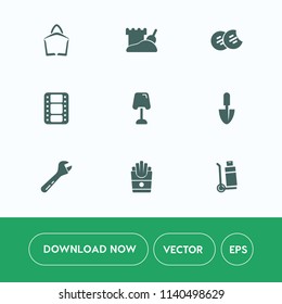 Modern, simple vector icon set on white background with video, table, beach, transportation, white, truck, shipping, equipment, buy, shovel, dessert, fast, movie, home, store, wrench, interior,  icons