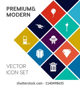 Modern, simple vector icon set on colorful flat background with balloon, gun, wine, military, ice, champagne, air, alcohol, black, spacecraft, communication, jacket, happy, canon, clothing, ufo icons