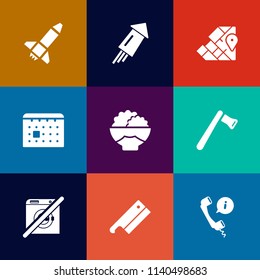 Modern, simple vector icon set on colorful flat backgrounds with travel, meat, calendar, schedule, rice, atlas, axe, event, support, call, dont, technology, geography, grain, hammer, celebration icons