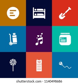 Modern, simple vector icon set on colorful flat backgrounds with interface, cargo, hammer, button, drill, jam, application, construction, candy, navigation, kite, menu, food, glass, music, hotel icons