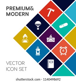 Modern, simple vector icon set on colorful flat background with construction, hammer, spanner, watch, wrench, bride, skydiver, house, air, brush, equipment, city, sky, parachute, tool, pill, fly icons