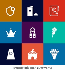 Modern, simple vector icon set on colorful flat backgrounds with decoration, road, training, pink, bouquet, computer, lecture, queen, audio, book, page, web, medieval, sound, security, princess icons