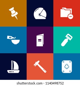Modern, simple vector icon set on colorful flat backgrounds with paper, motorcycle, marker, file, speed, navigation, motorbike, ship, brochure, drink, location, bike, motor, book, food, folder icons