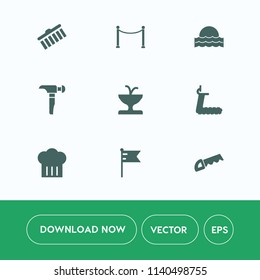 Modern, simple vector icon set on white background with fitness, fountain, architecture, object, sport, america, beautiful, morning, saw, nation, chief, collection, light, sunny, fence, drill icons