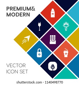 Modern, simple vector icon set on colorful flat background with hot, wineglass, alcohol, safety, cosmetic, key, coffee, food, cup, bucket, flight, perfume, beauty, microphone, sweet, paper, red icons