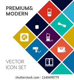 Modern, simple vector icon set on colorful flat background with music, old, decoration, gift, add, dryer, call, style, shop, phone, white, care, note, interior, sound, mobile, sign, bag, element icons