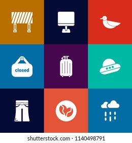 Modern, simple vector icon set on colorful flat backgrounds with street, travel, pc, bag, coffee, wet, fashion, traffic, internet, nature, road, animal, pants, rain, transportation, water, rainy icons
