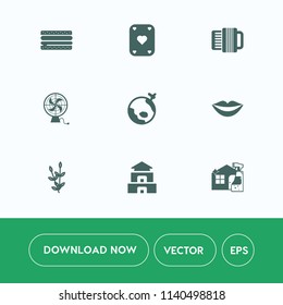 Modern, simple vector icon set on white background with sign, spray, pagoda, wheat, flight, casino, fan, dinner, airplane, hamburger, lips, cleaner, game, food, music, instrument, grain, poker icons