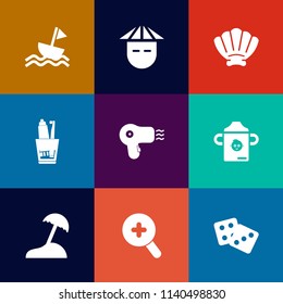 Modern, simple vector icon set on colorful flat backgrounds with sea, dryer, success, asian, people, ship, casino, hygiene, japanese, plastic, gambling, boat, beach, sailboat, yacht, glass, food icons