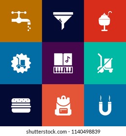 Modern, simple vector icon set on colorful flat backgrounds with dust, change, air, kitchen, repair, sound, food, warehouse, scale, filter, sweet, service, package, energy, sign, metal, dessert icons